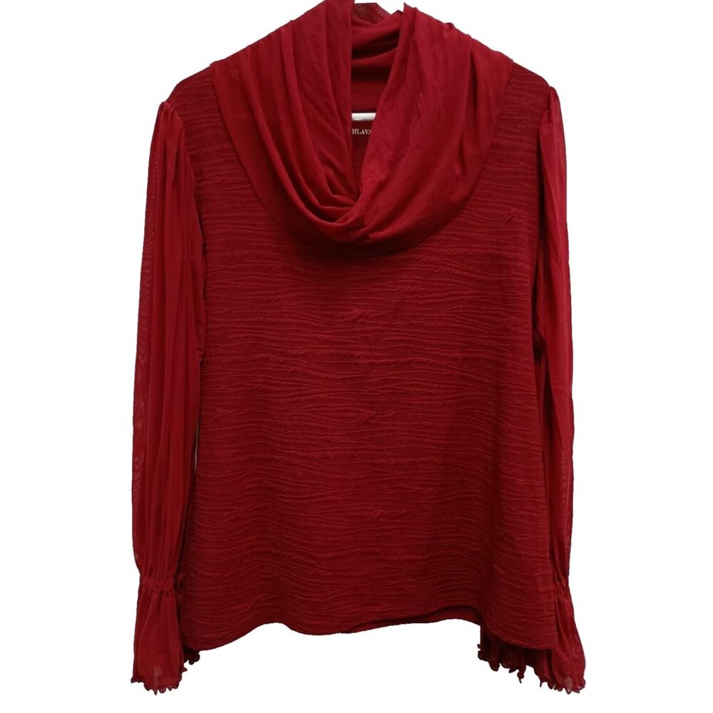 Laura Hlavac Womens Cowl Neck Top XL Red Textured Sheer‎ Bishop Sleeve BOHO